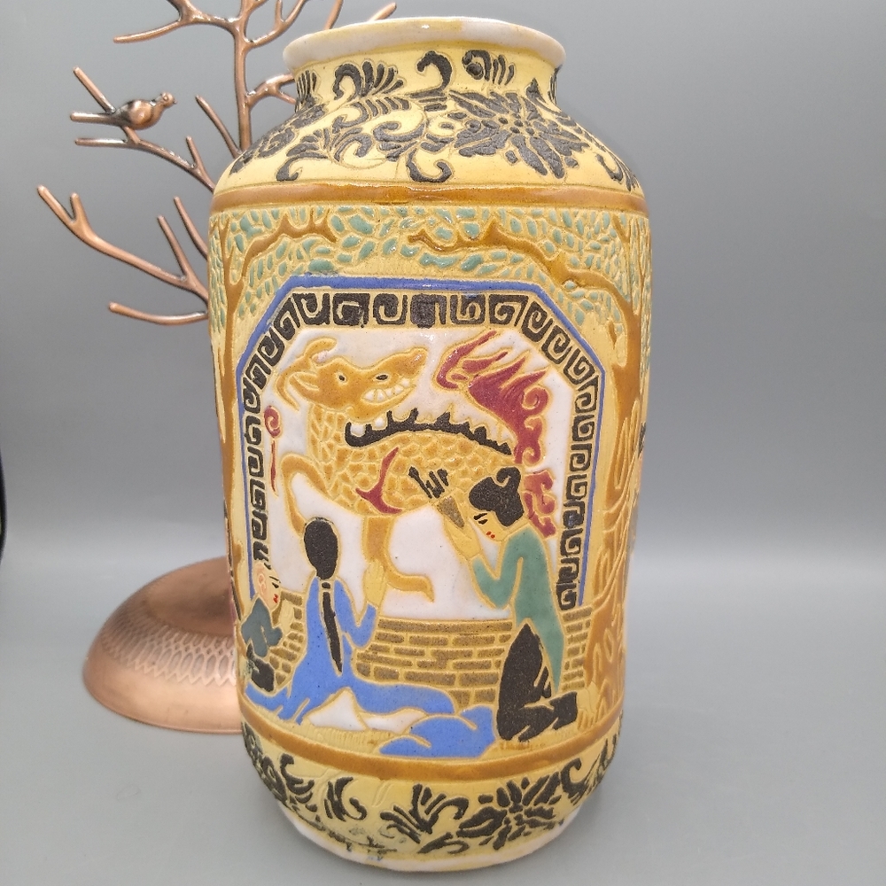 Vietnam Biên Hoà Incised Ceramic Roller Vase Foo Dragon Signed Numbered 1960 Vtg